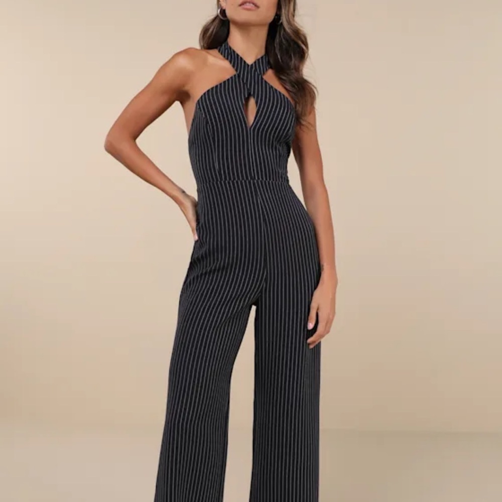 NWT Lulu’s Elegant Navy Striped Jumpsuit